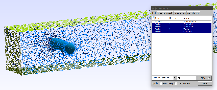 Facets of the 3D mesh visualized in GMSH